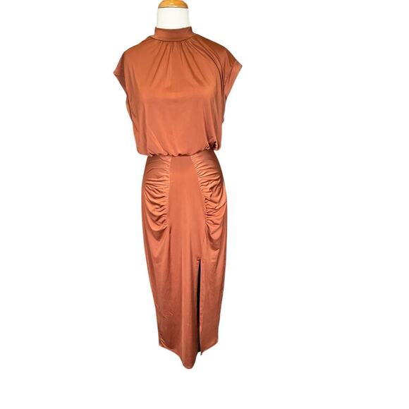 Revolve Krisa Dress Medium Mockneck Midi Slit on Leg Elegant Open Back Brown - Picture 1 of 13